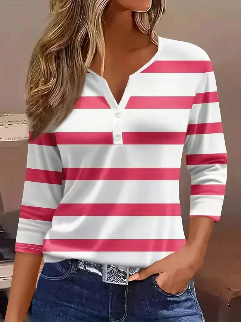 Women's Striped T-shirt with 3/4 Sleeves and Buttoned Collar