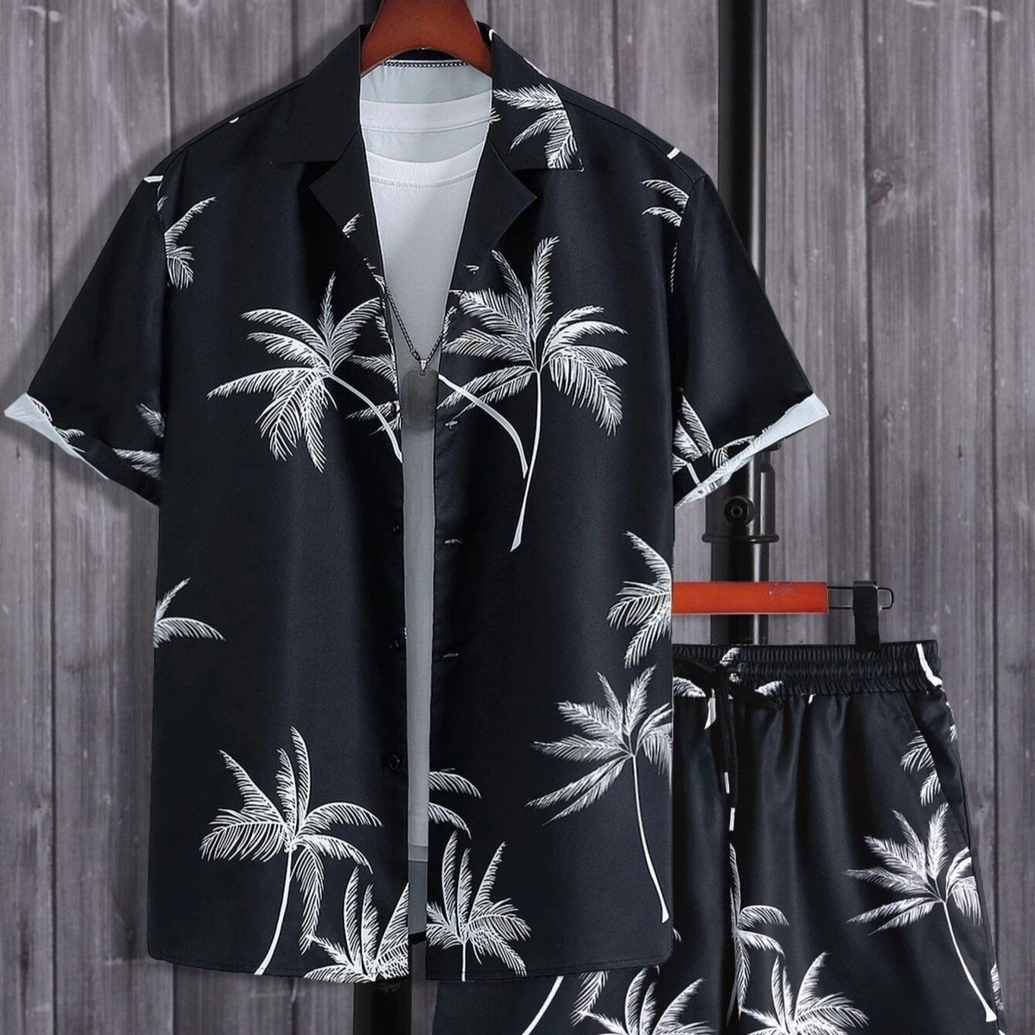 Short Sleeve Shirt and Tropical Print Shorts Set for Men