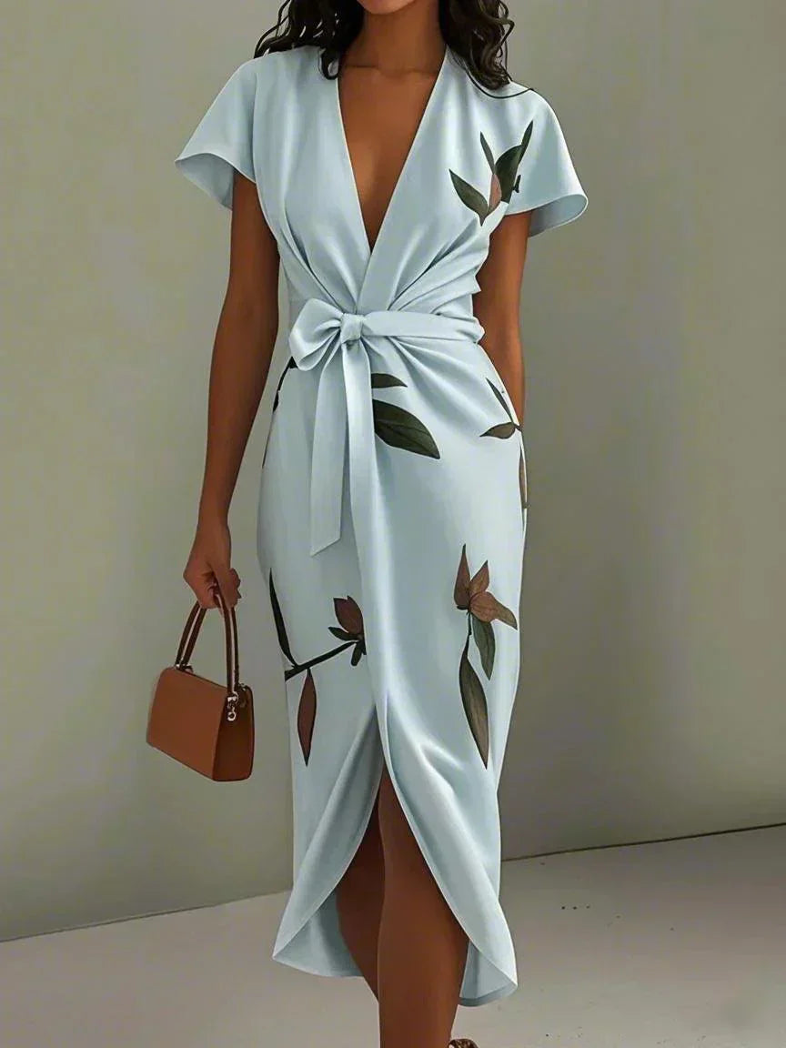 Robe Midi Cache-Cœur Fleurie à Col V avec Ceinture à Nouer pour Femme