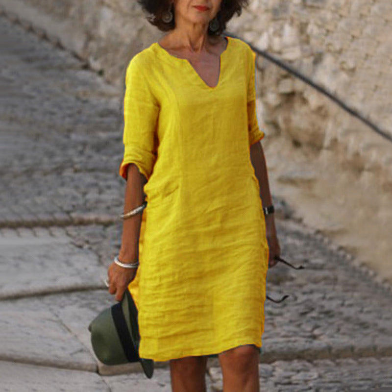 Robe midi femme col V manches trois quarts coupe décontractée style minimaliste