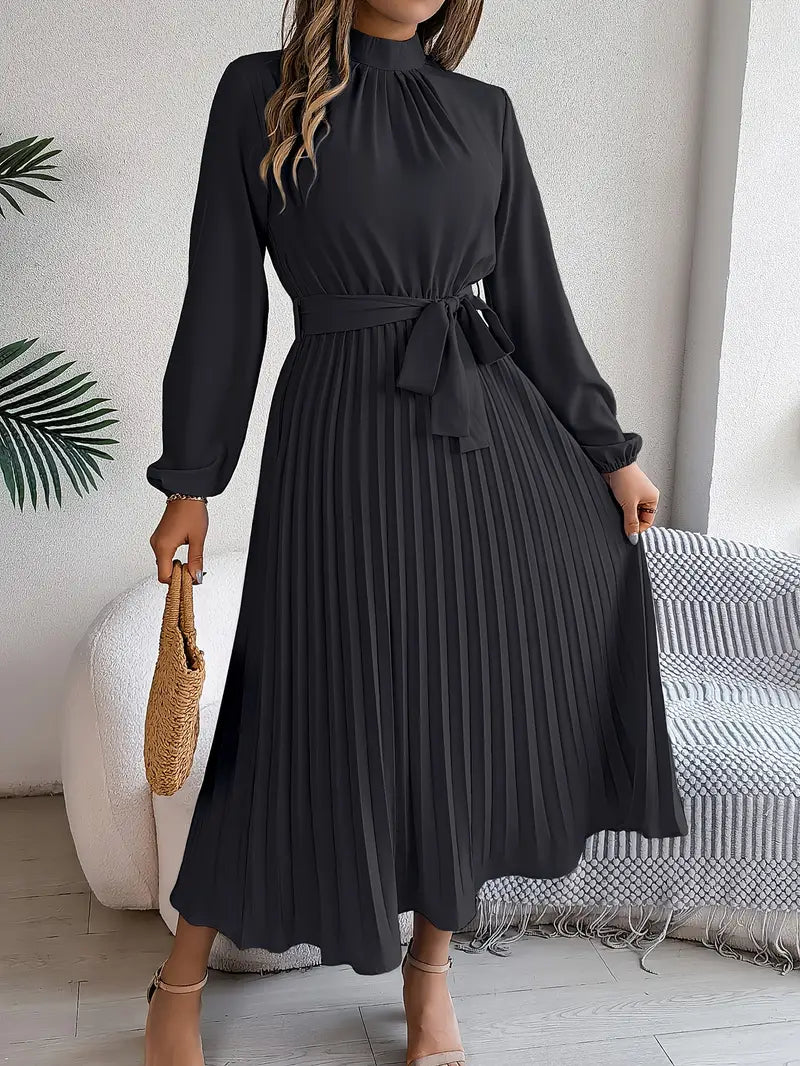 Vestido midi plisado para mujer con cuello alto