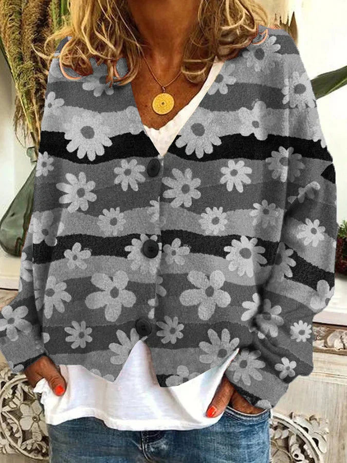 Casual V-Neck Cardigan with Colorful Floral Pattern for Women