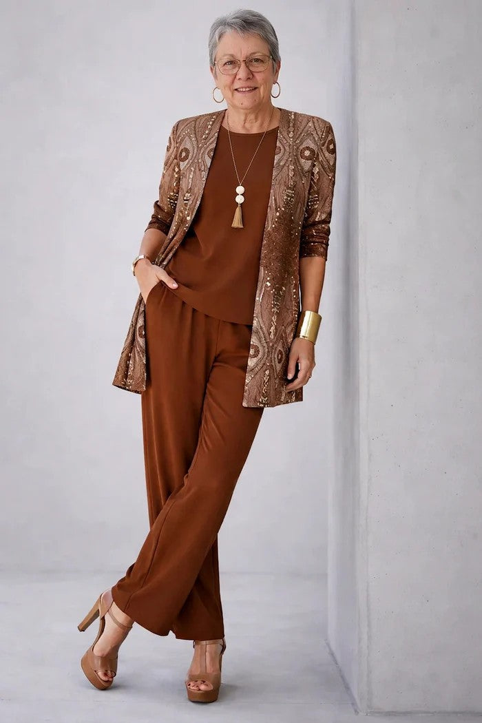 Elegant Women's 3-Piece Set with Printed Cardigan