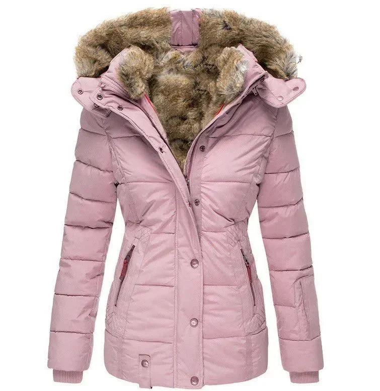 Chaqueta acolchada de invierno para mujer con capucha y piel sintética