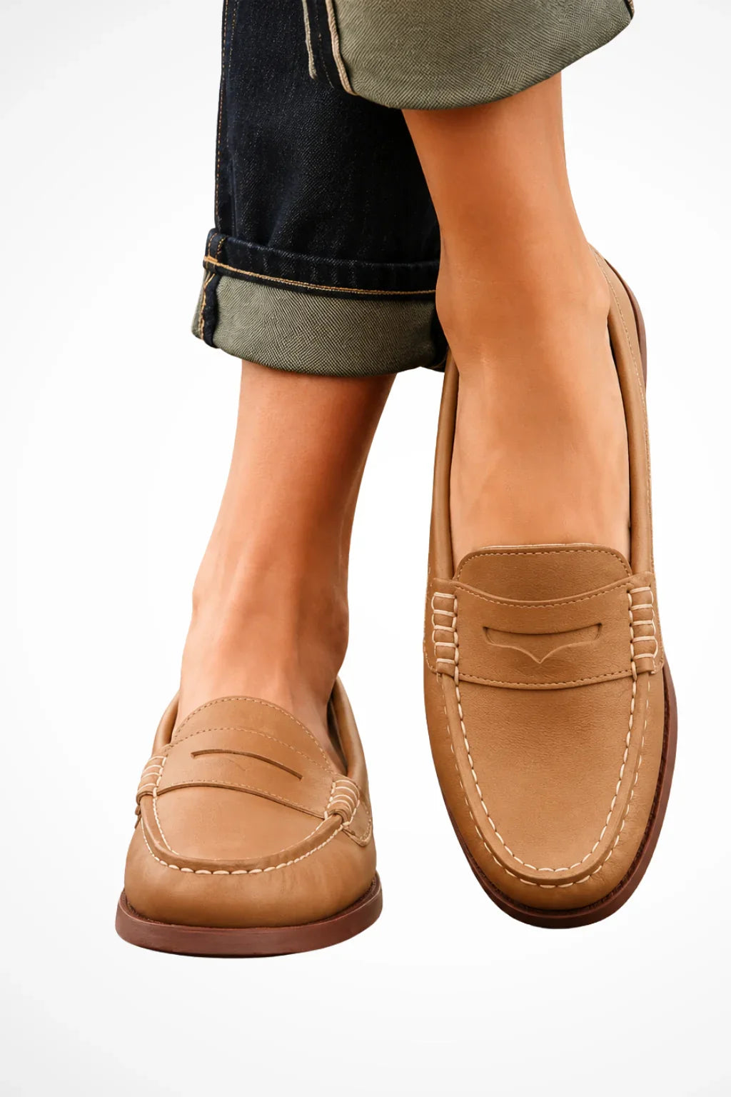 Women's Leather Loafers with Low Block Heels