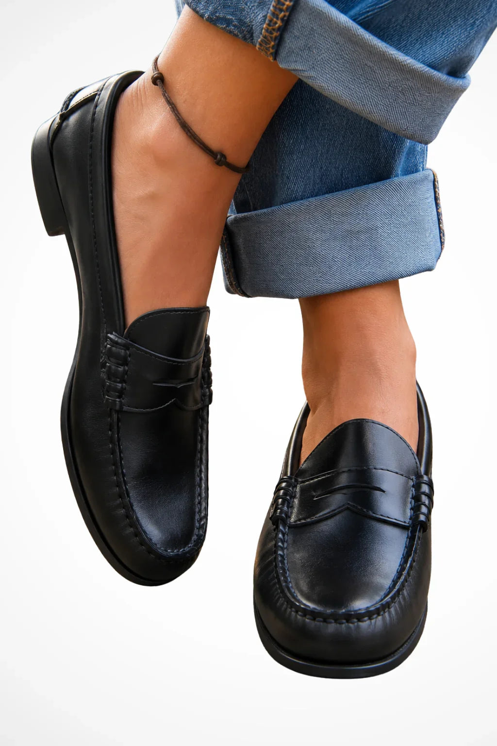 Women's Leather Loafers with Low Block Heels