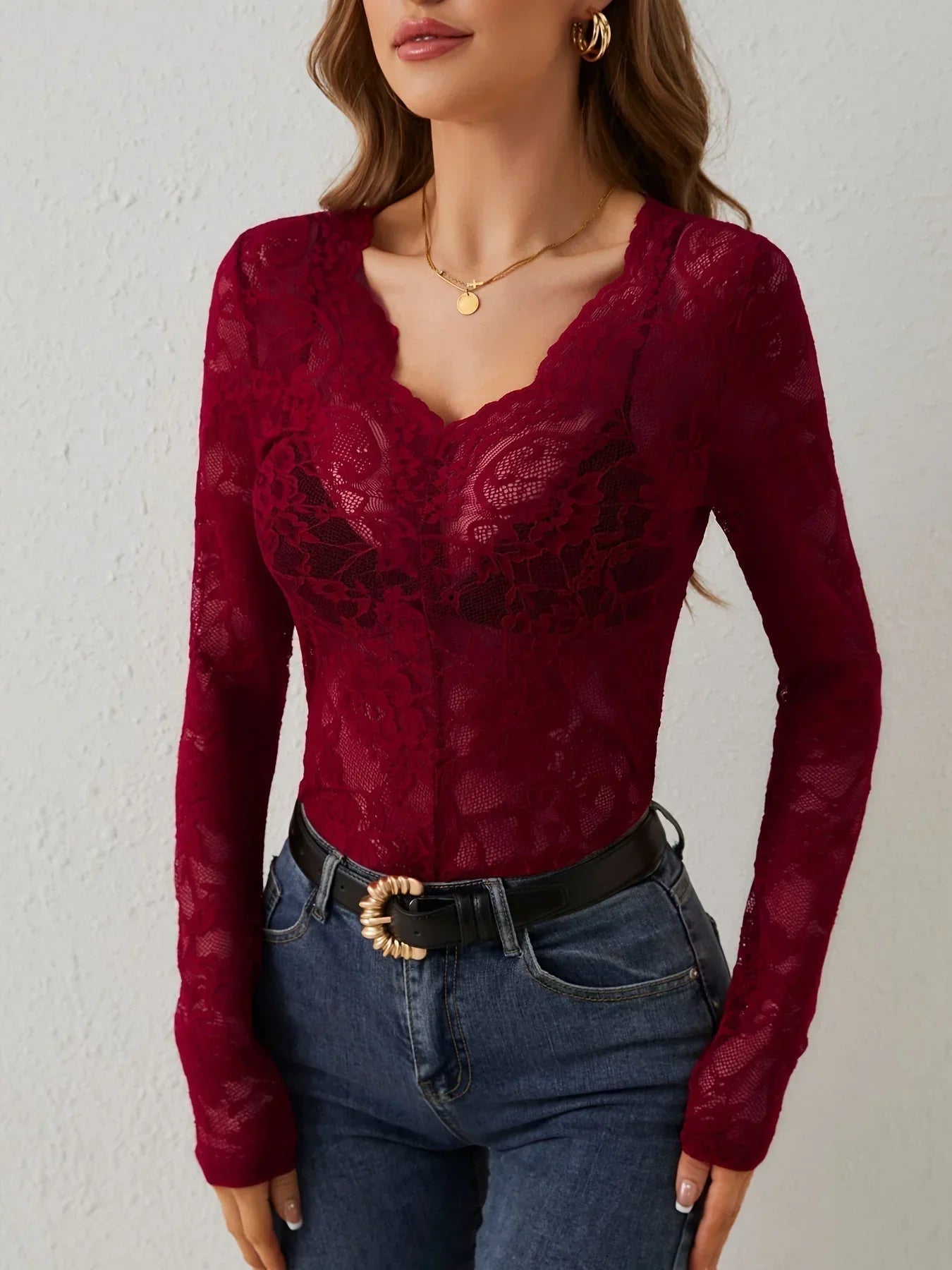 Top Femme Dentelle Transparente Haut à Manches Longues et Col V