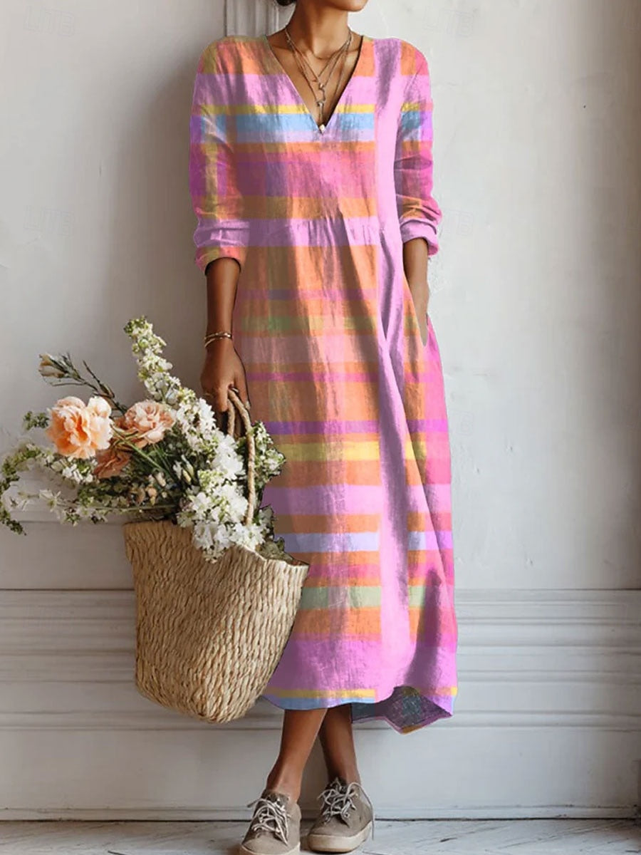 Robe Midi Bohème Décontractée Pour Femme Col en V et Manches 3/4