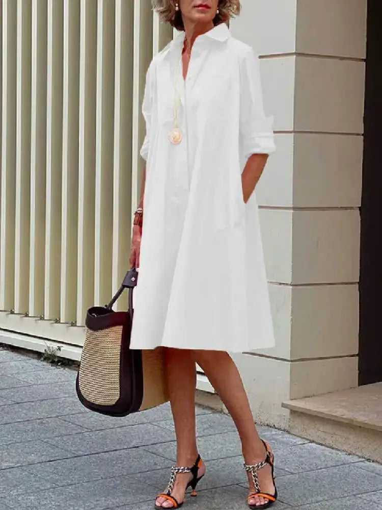 Robe Chemise Ample Manches Longues Boutonnée Décontractée pour Femme