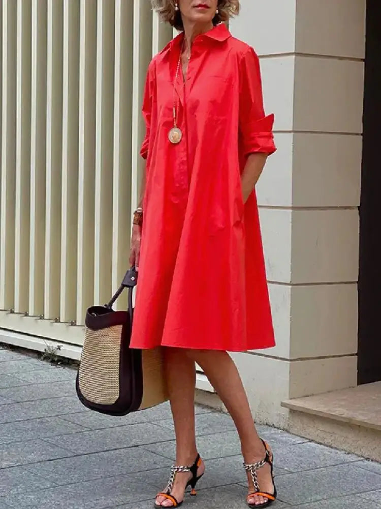 Robe Chemise Ample Manches Longues Boutonnée Décontractée pour Femme