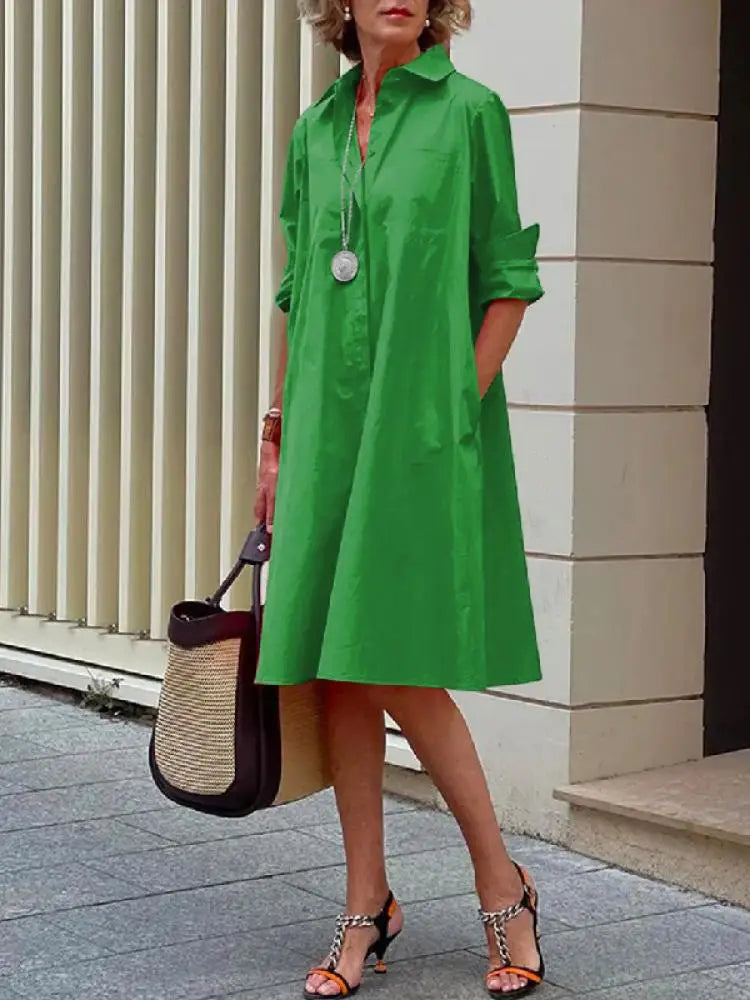 Robe Chemise Ample Manches Longues Boutonnée Décontractée pour Femme
