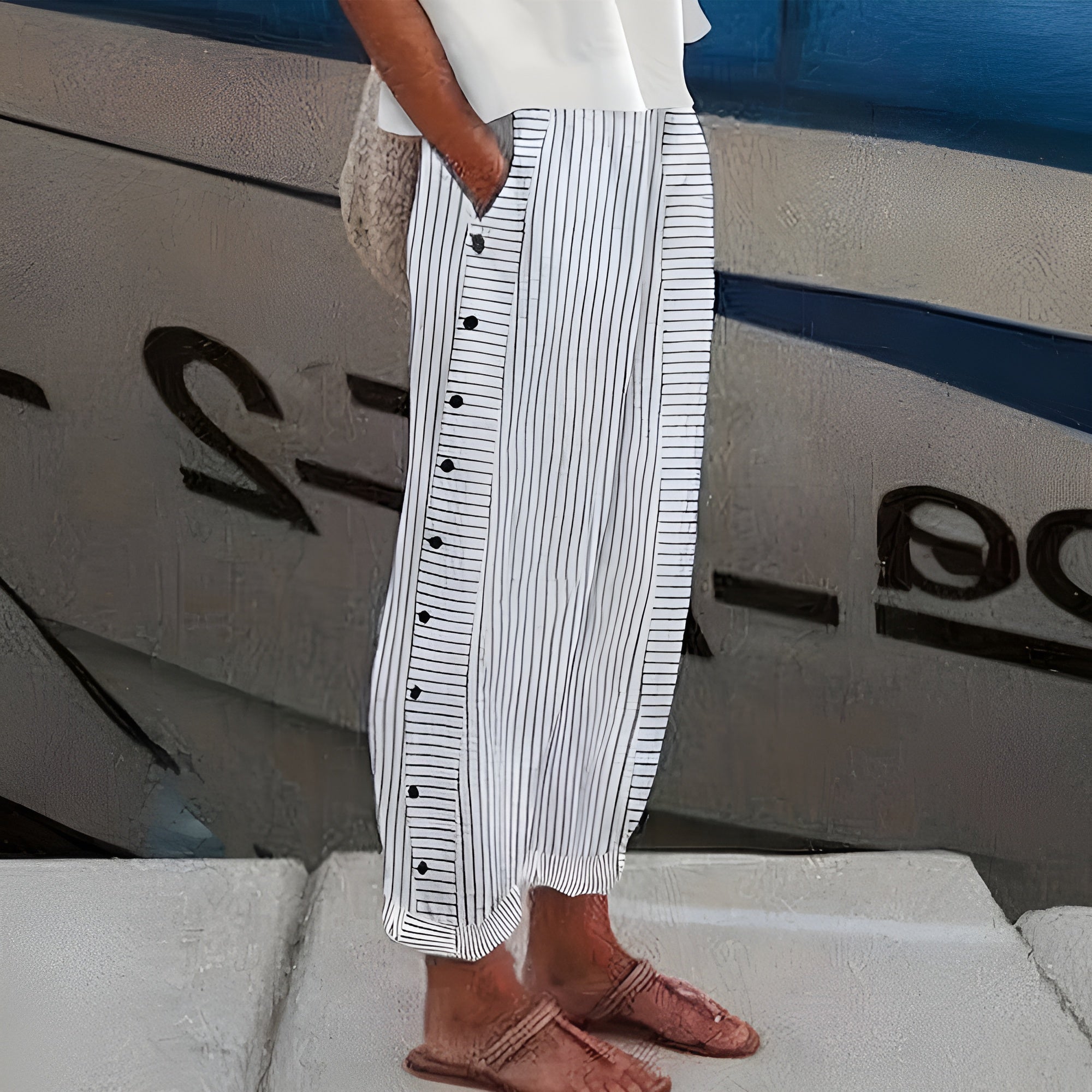 Pantalon Rayé Femme Coupe Large Boutonné Style Décontracté