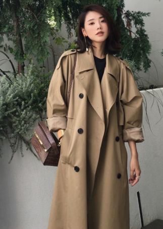 Women's Double-Breasted Long Trench Coat with Cut