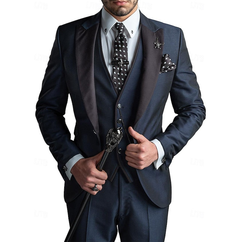 Costume Trois Pièces Ajusté avec Revers Contrastés pour Homme