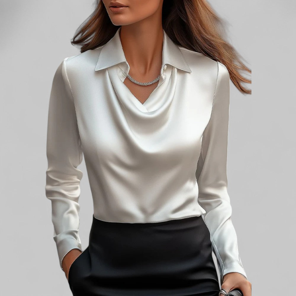 Rose| Satin Long-Sleeve Draped Collar Blouses for Women