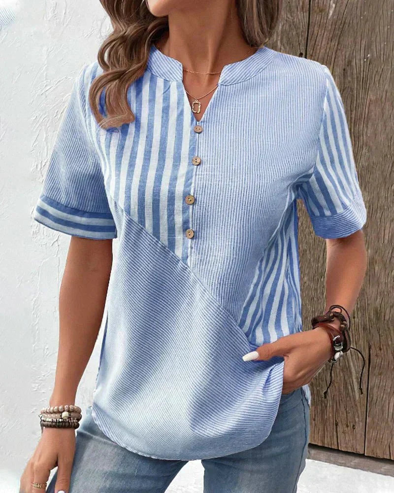Women's Striped Henley Collar Blouse