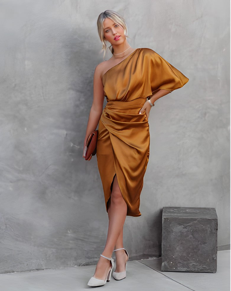 Vestido midi para mujer asimétrico con un hombro descubierto