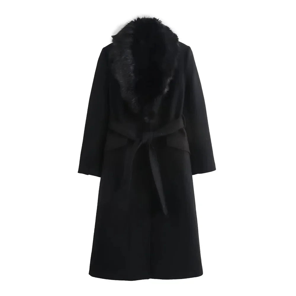 Manteau Long Élégant à Col Doux et Ceinture