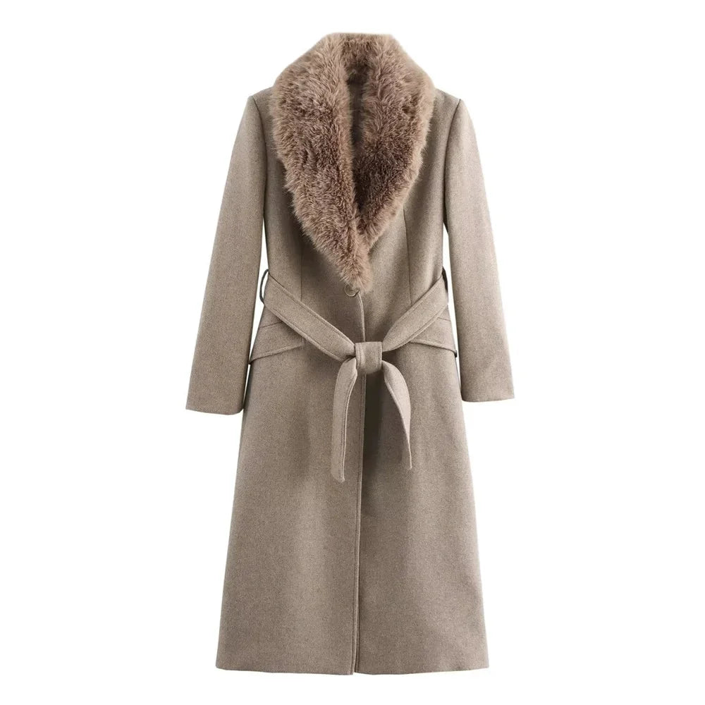 Manteau Long Élégant à Col Doux et Ceinture