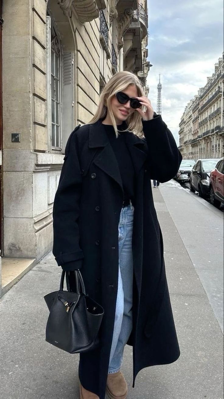 Women's Double-Breasted Long Trench Coat with Cut