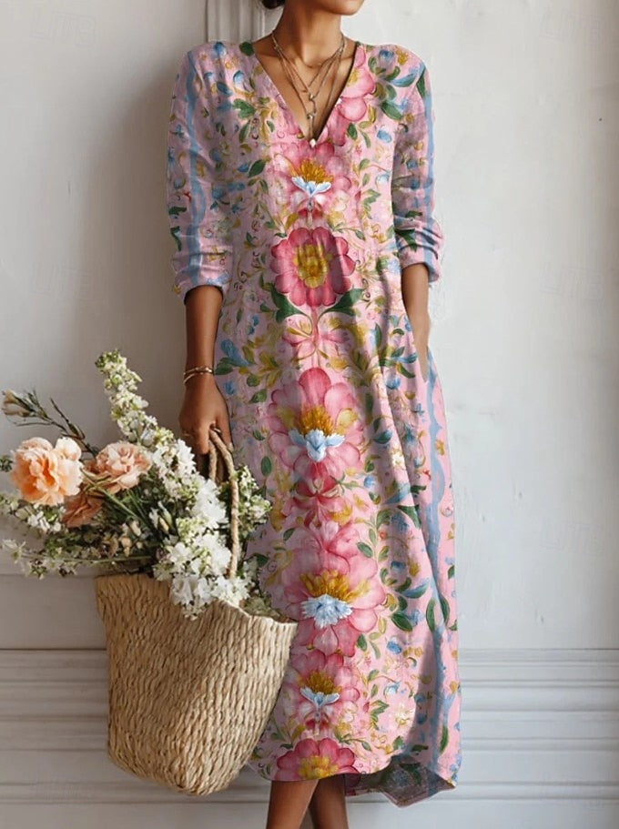 Robe Midi Bohème Décontractée Pour Femme Col en V et Manches 3/4