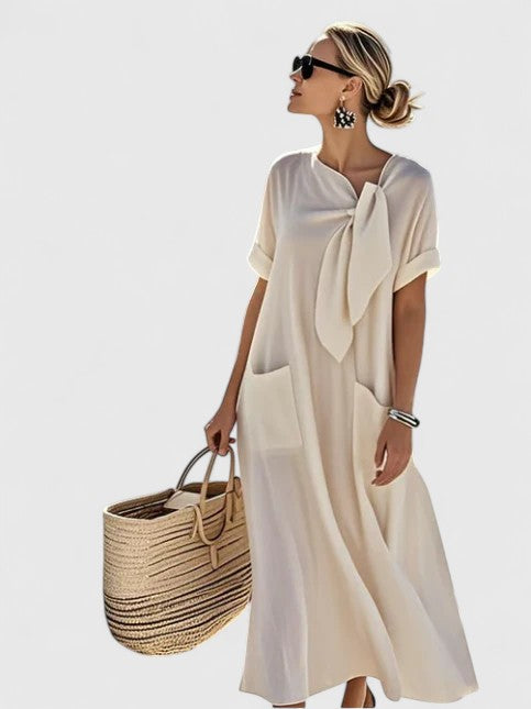 Women's Casual Long Flowing Loose Dress with Draped Collar and Pockets