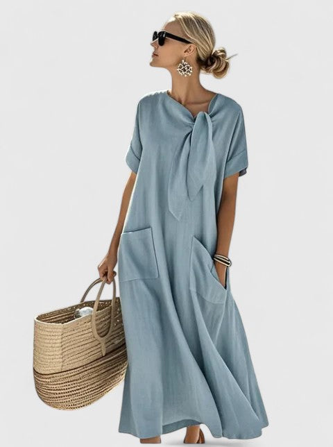 Women's Casual Long Flowing Loose Dress with Draped Collar and Pockets