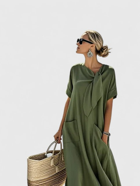 Women's Casual Long Flowing Loose Dress with Draped Collar and Pockets