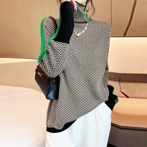 Turtleneck Sweater for Women with Contrasting Stripes