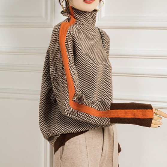 Turtleneck Sweater for Women with Contrasting Stripes
