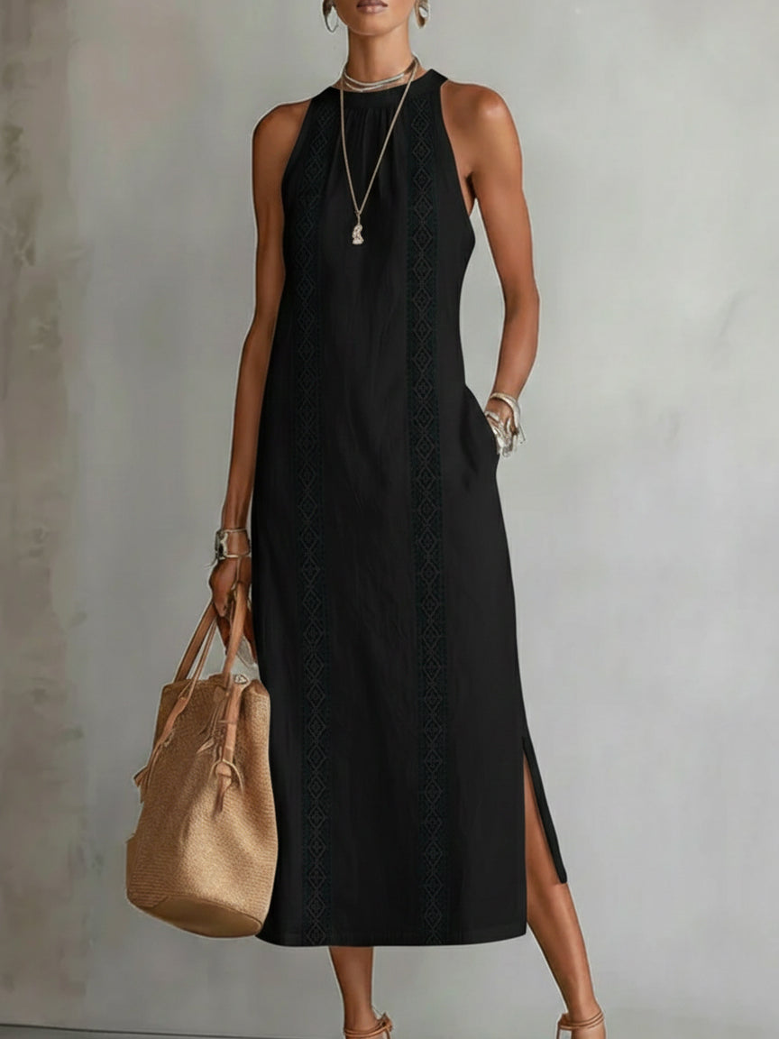 Vestido midi sin mangas con cuello mao bordado para mujer