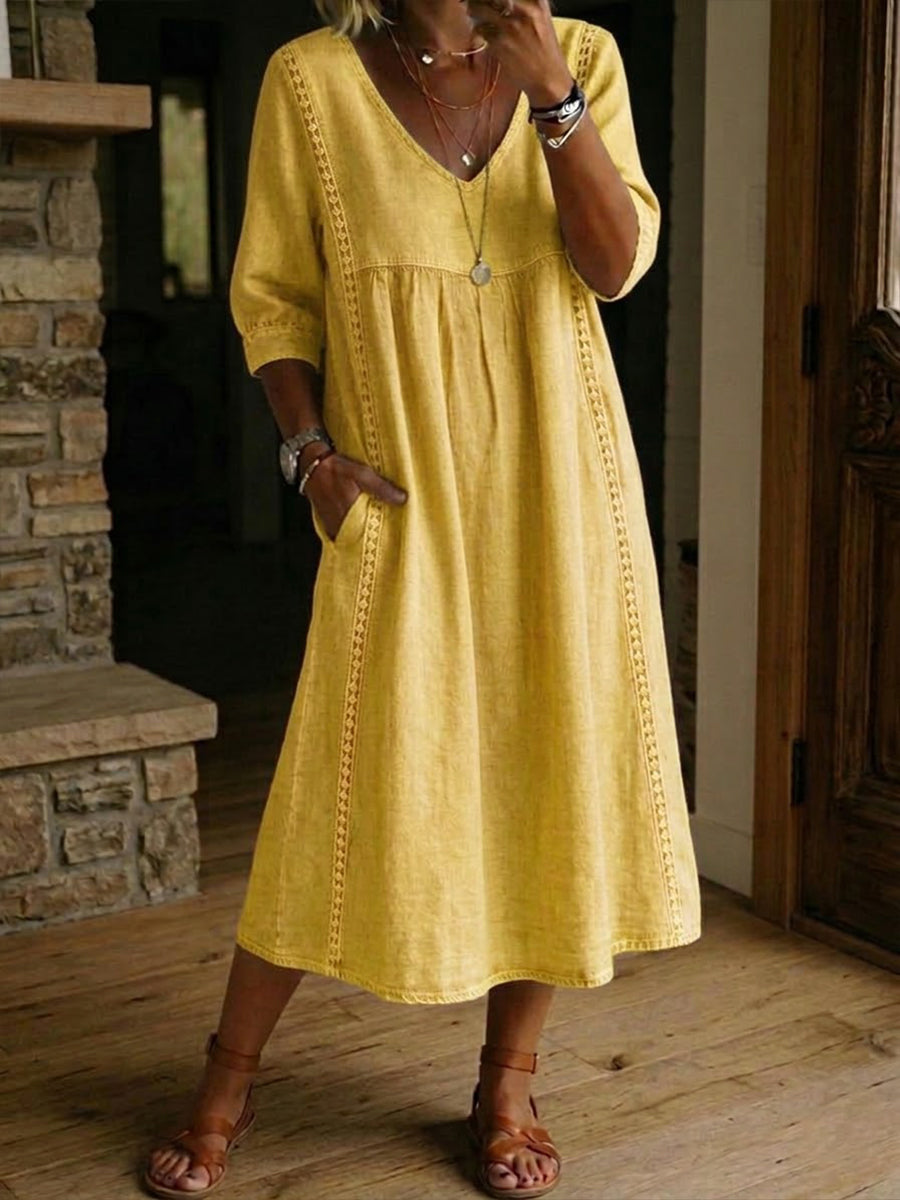 Vestido midi con escote en V fruncido y detalle bordado para mujer