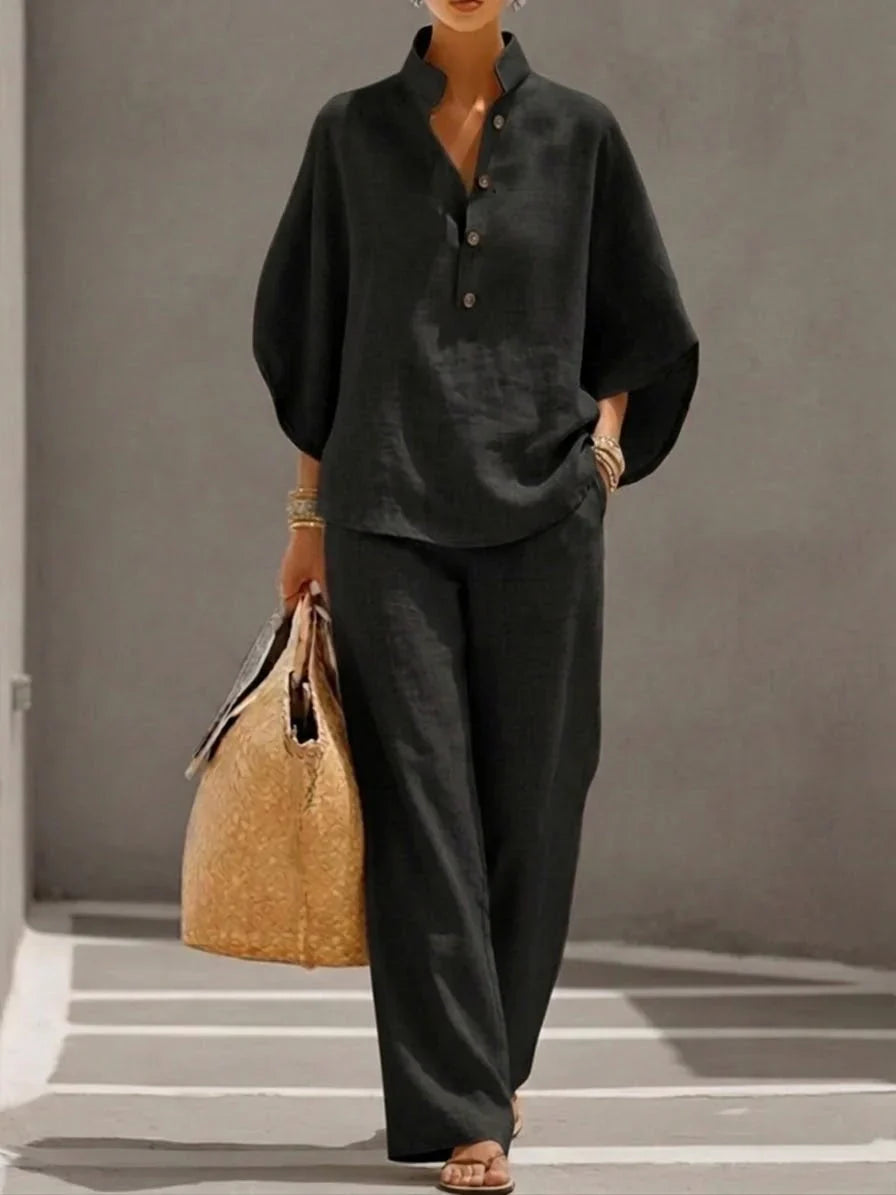 Ensemble Femme Deux Pièces à Col Mao et Pantalon Ample