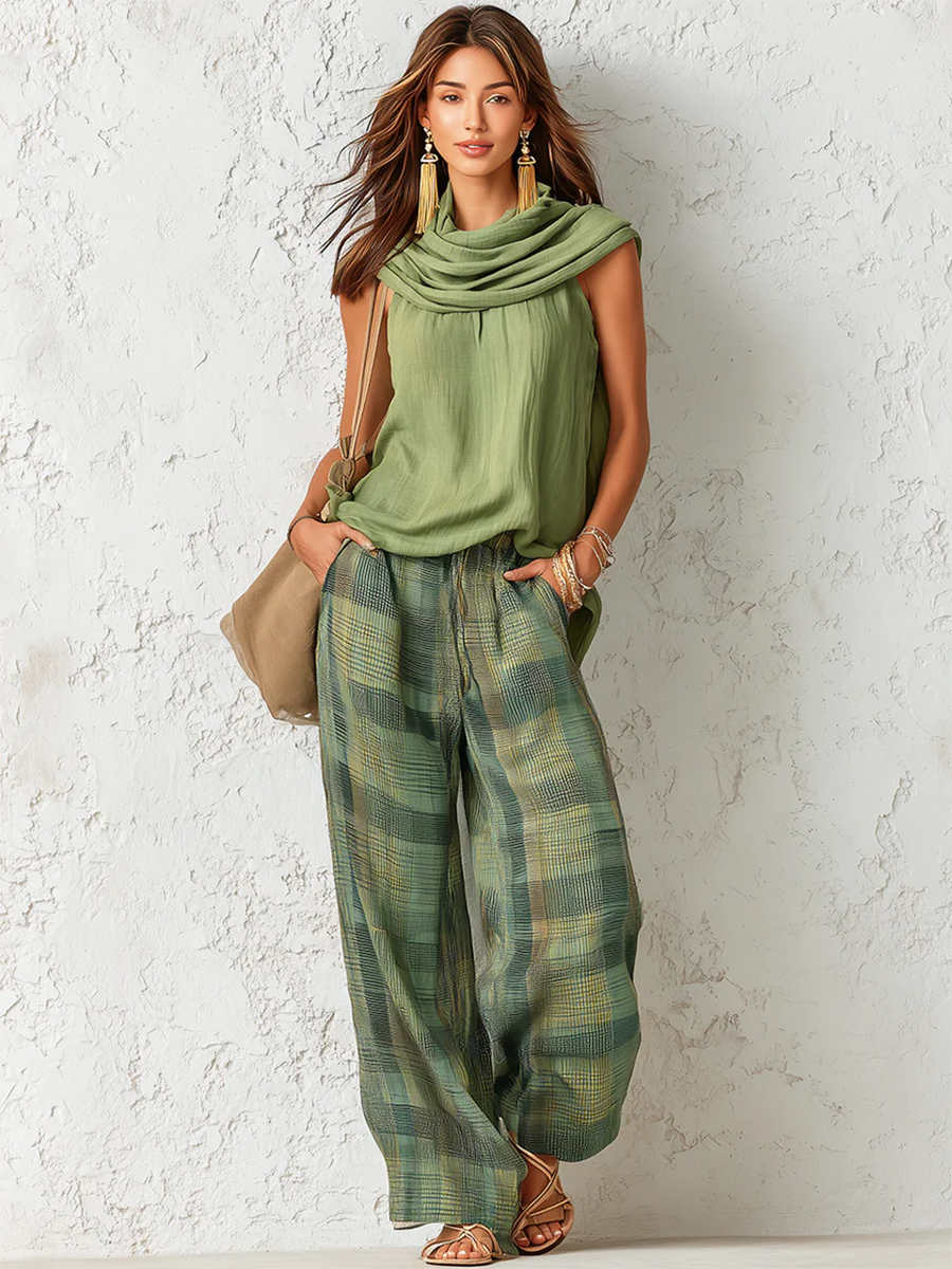 Femmes Ensemble avec Haut et Pantalon Large à Motif