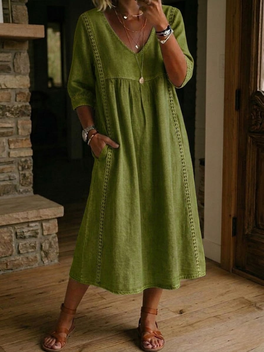 Vestido midi con escote en V fruncido y detalle bordado para mujer
