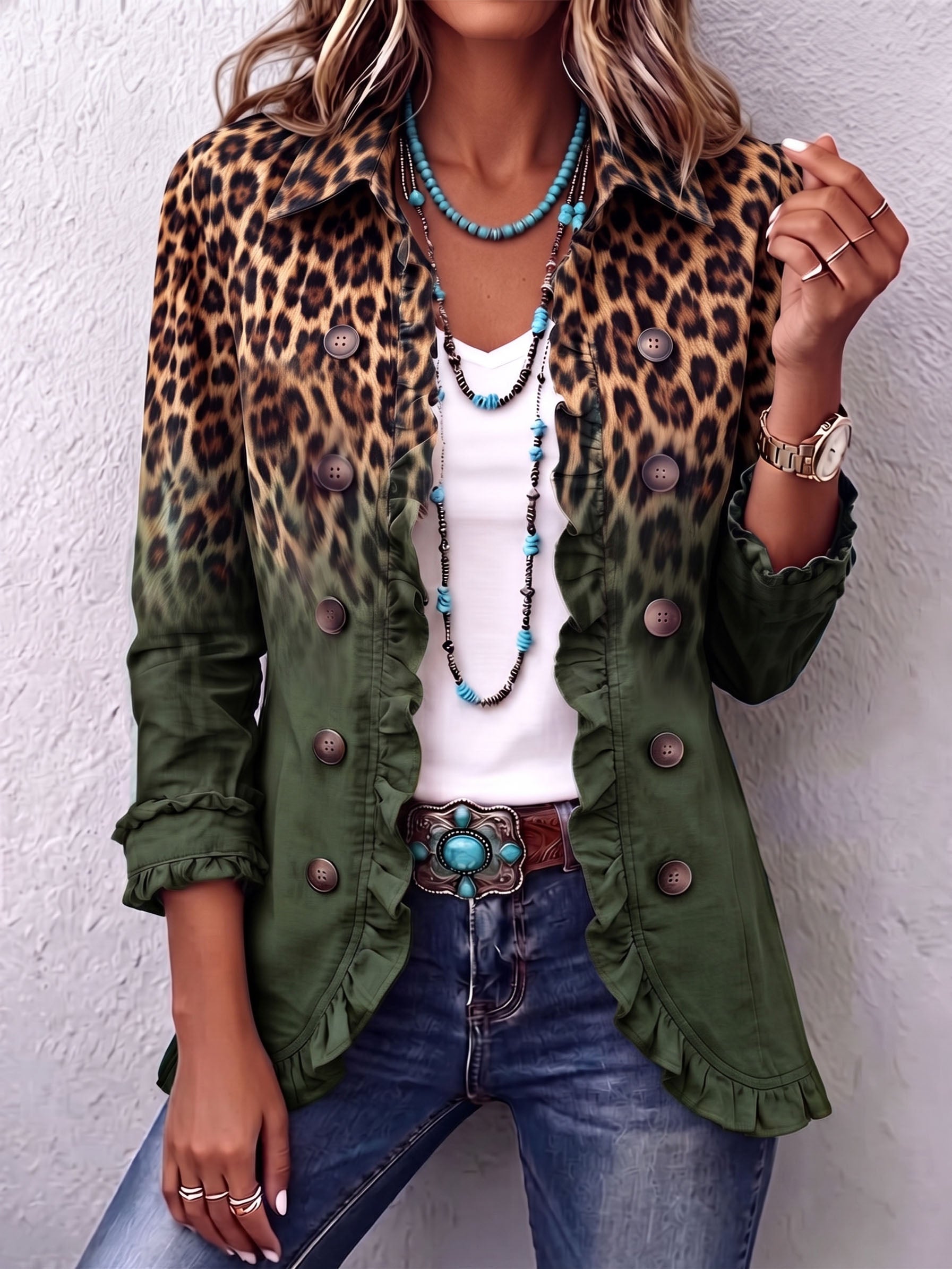 Women's Gradient Leopard Ruffle Blazer
