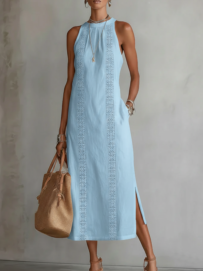 Vestido largo de mujer sin mangas bordado