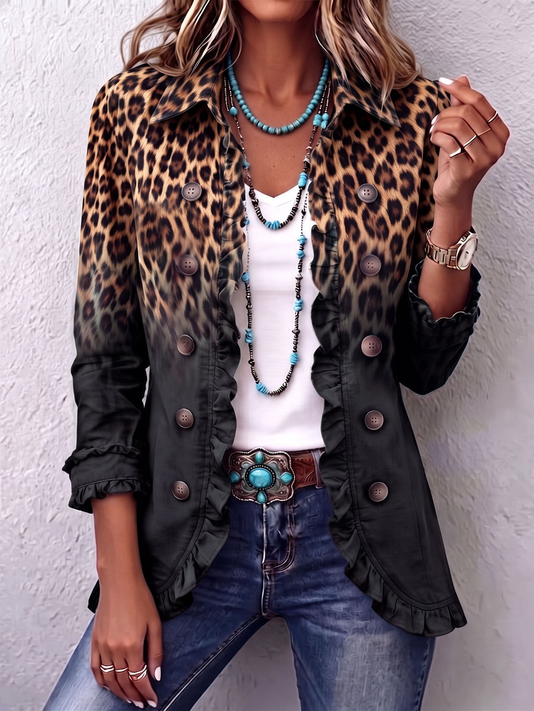 Women's Gradient Leopard Ruffle Blazer