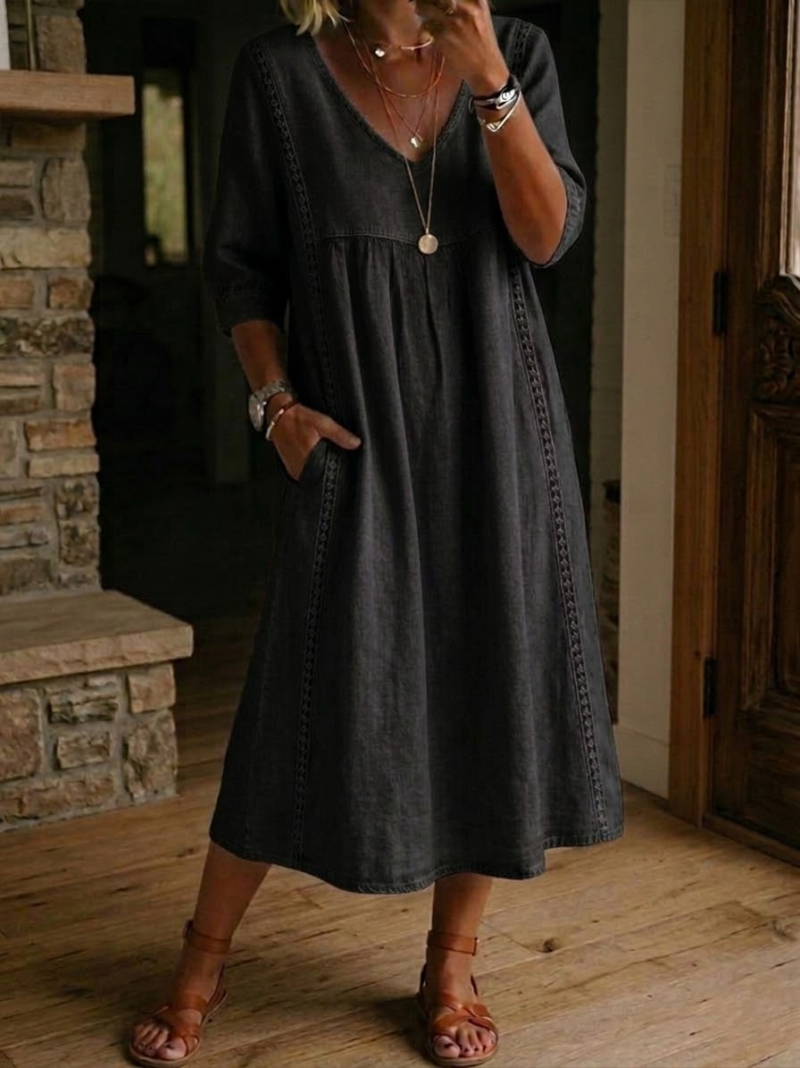 Vestido midi con escote en V fruncido y detalle bordado para mujer