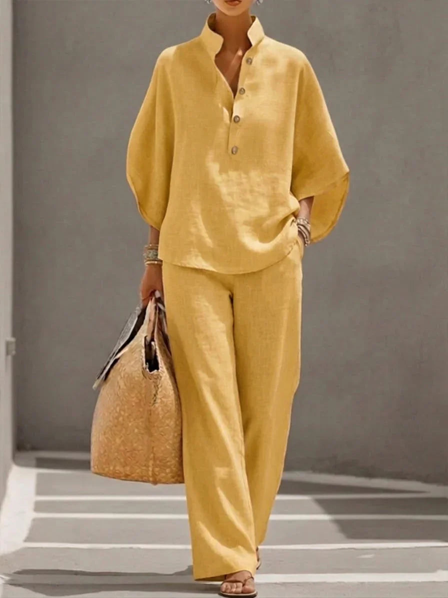Ensemble Femme Deux Pièces à Col Mao et Pantalon Ample