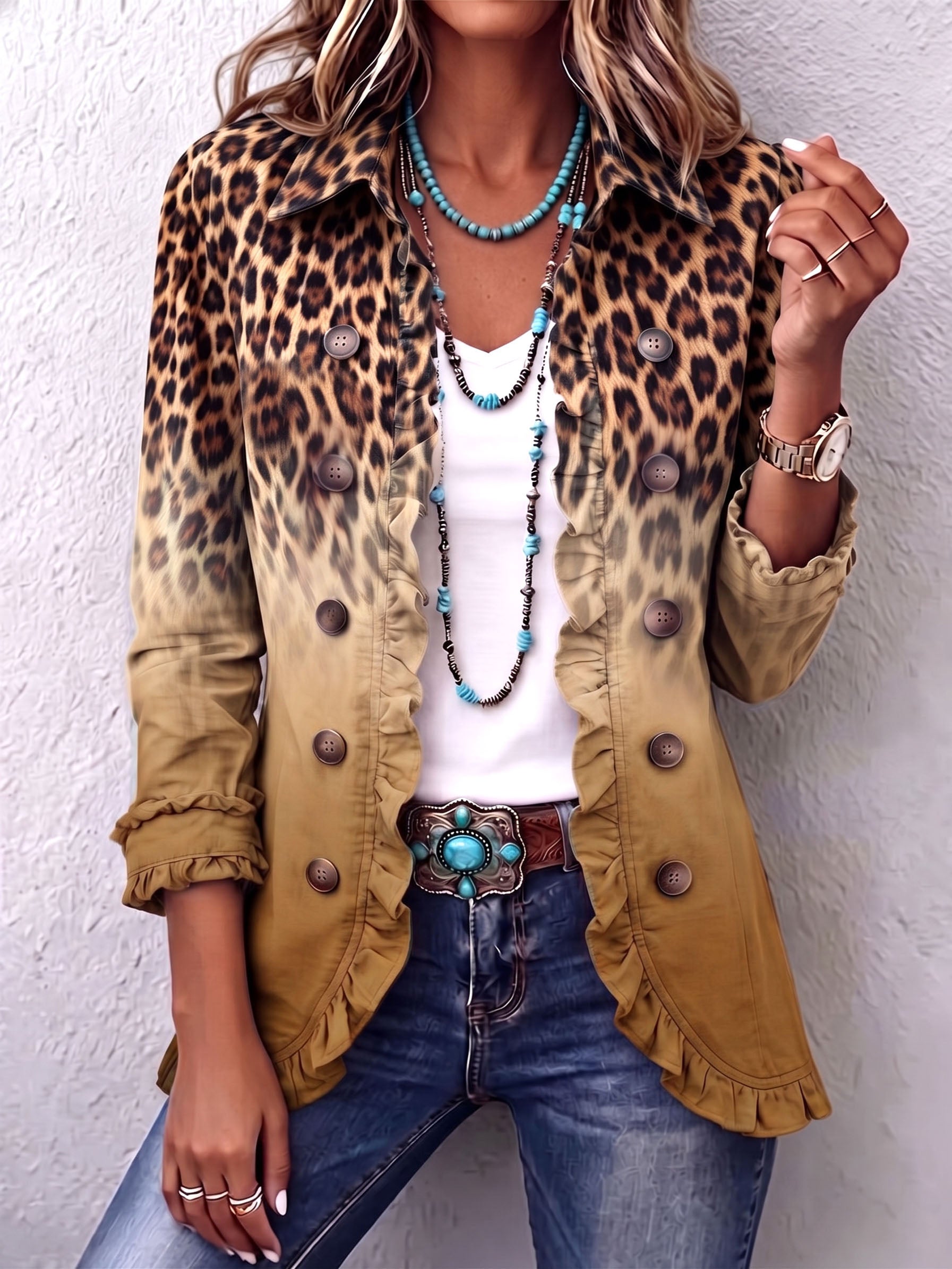 Women's Gradient Leopard Ruffle Blazer