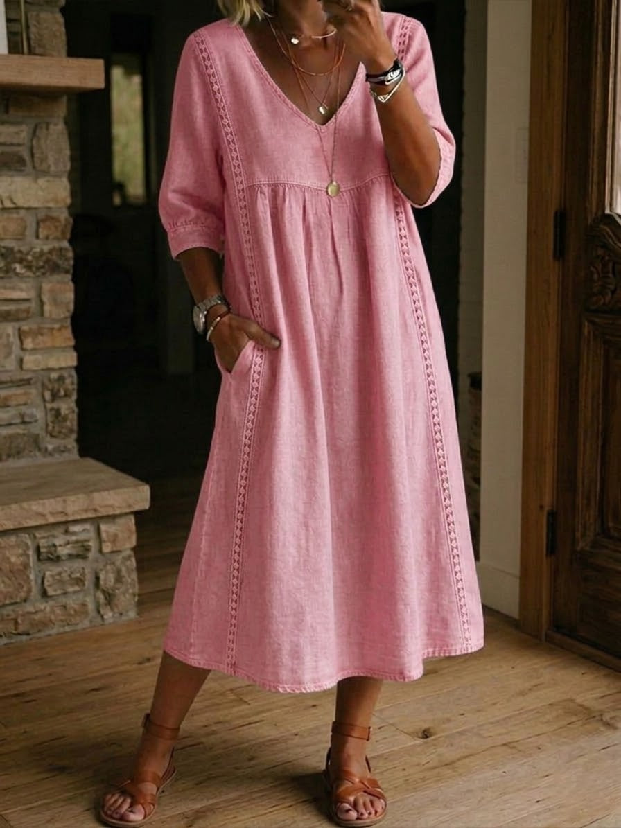 Vestido midi con escote en V fruncido y detalle bordado para mujer