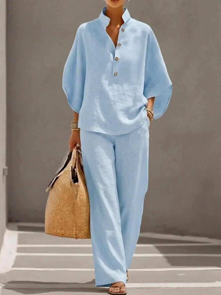 Ensemble Femme Deux Pièces à Col Mao et Pantalon Ample