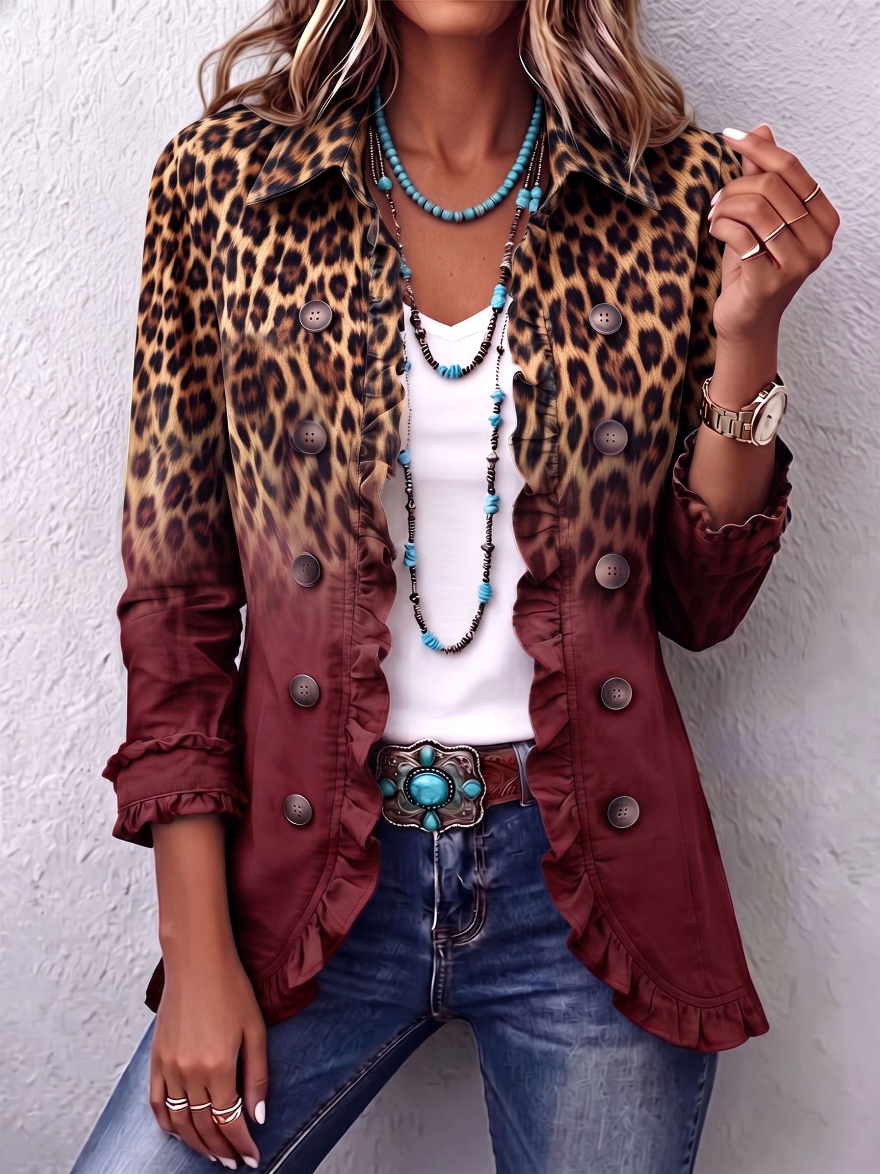 Women's Gradient Leopard Ruffle Blazer