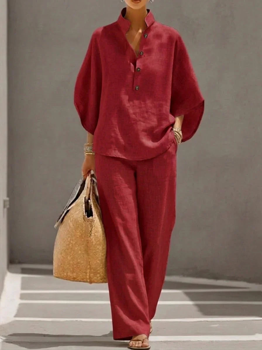 Ensemble Femme Deux Pièces à Col Mao et Pantalon Ample