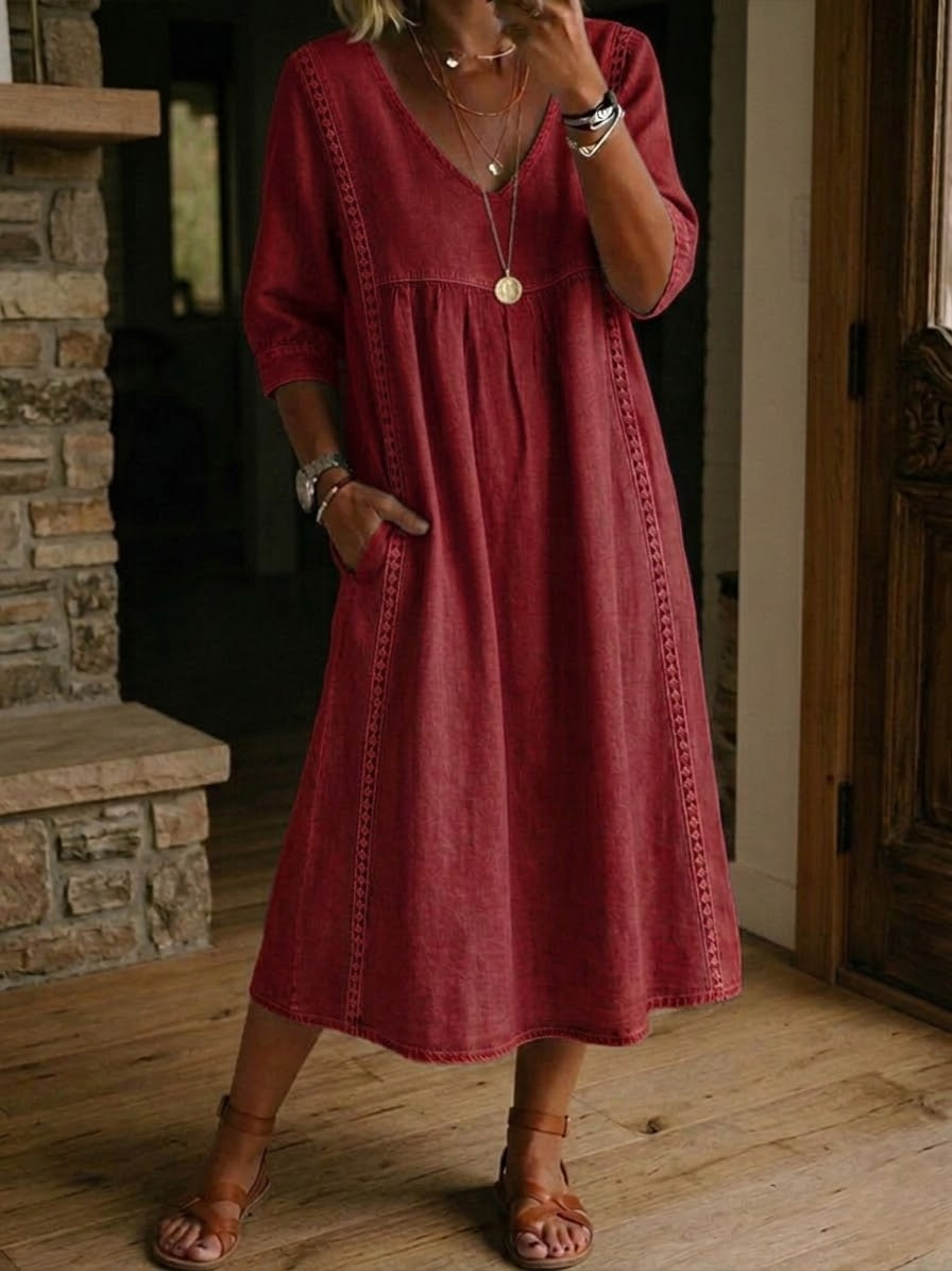 Vestido midi con escote en V fruncido y detalle bordado para mujer