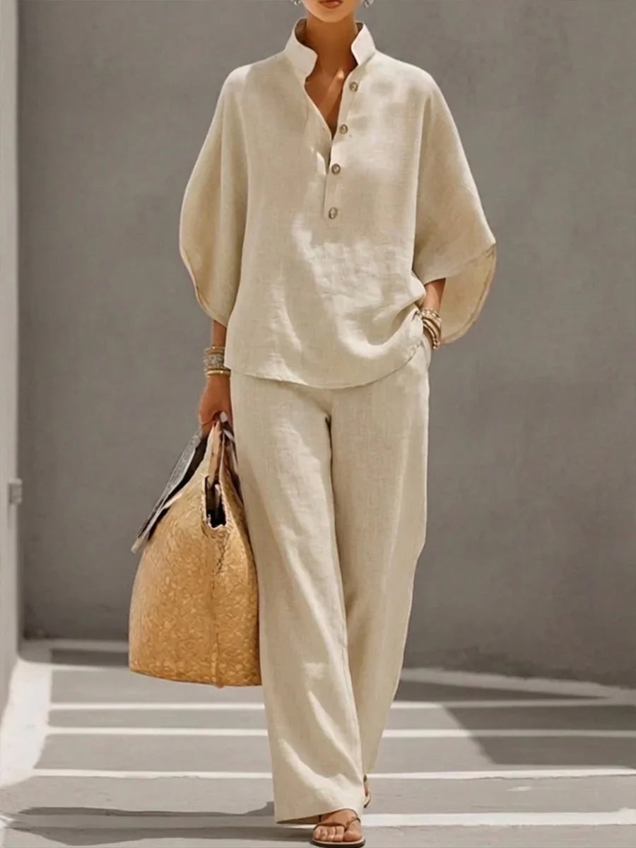Ensemble Femme Deux Pièces à Col Mao et Pantalon Ample