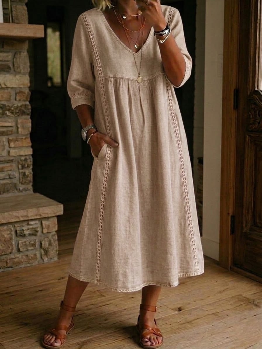Vestido midi con escote en V fruncido y detalle bordado para mujer