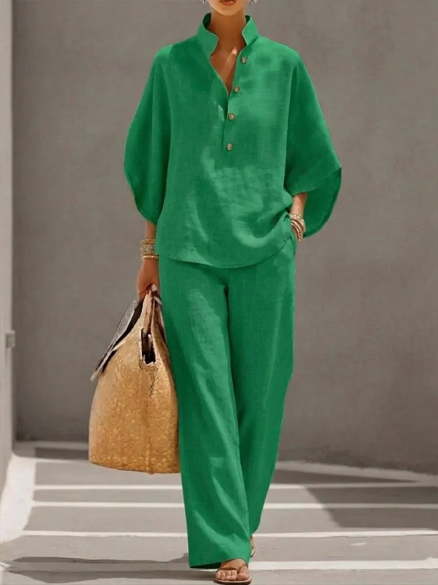 Ensemble Femme Deux Pièces à Col Mao et Pantalon Ample