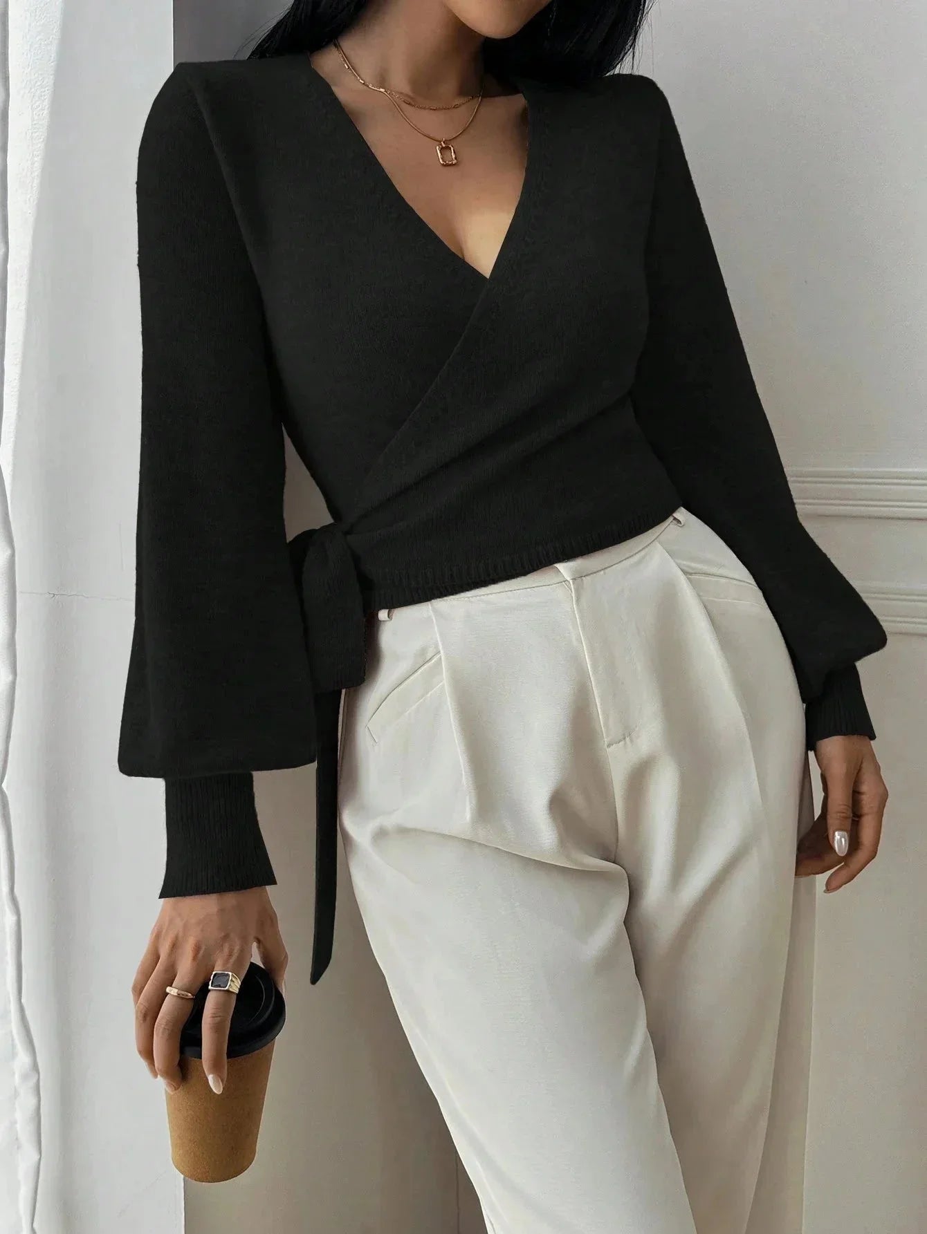 Pull Femme Cache-Cœur Élégant Haut à Manches Bouffantes